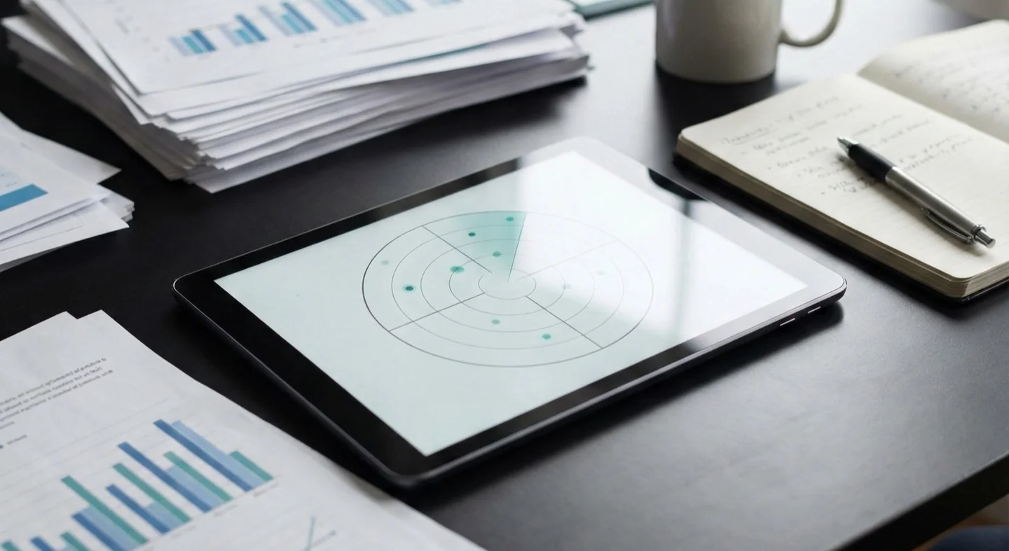 A tablet displaying a radar chart beside paper charts, a notebook and a pen
