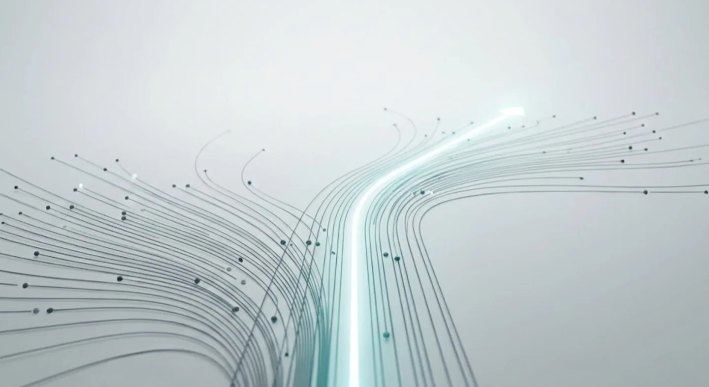 Abstract branching lines and dots surrounding a glowing teal path