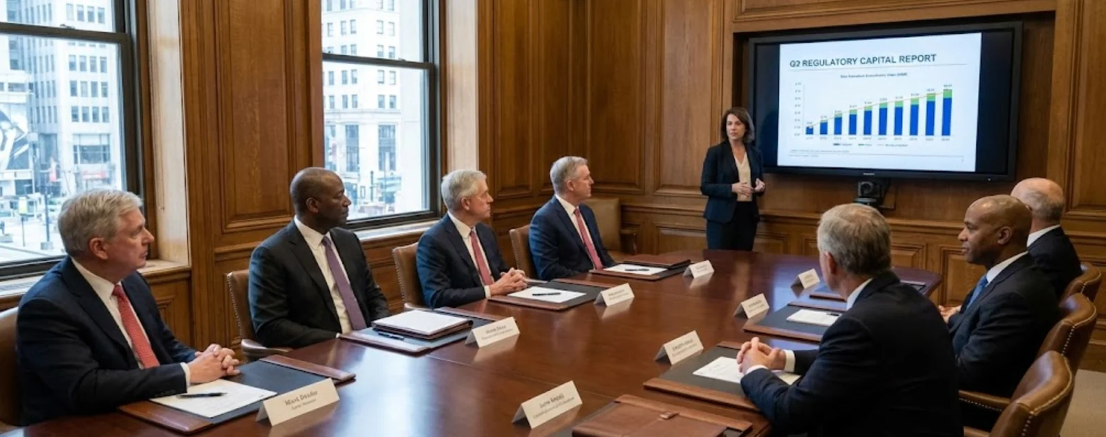 Board committee members in a formal governance review meeting