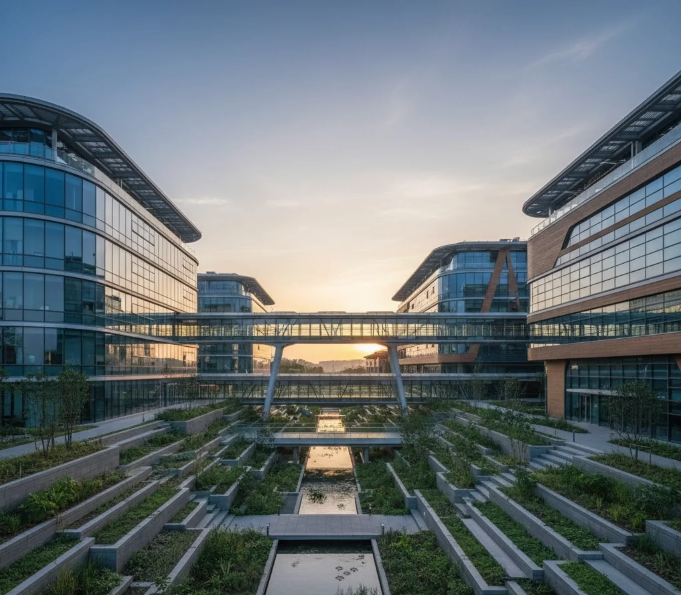 Office buildings surrounding a landscaped courtyard at sunset
