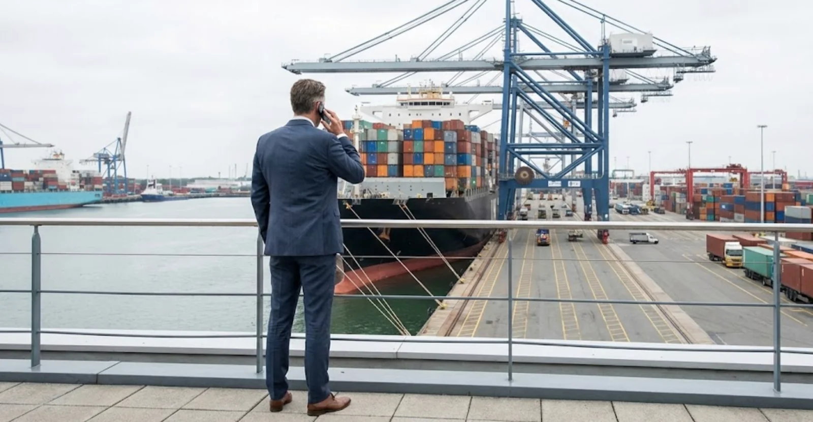 A man using a phone while overlooking a container port