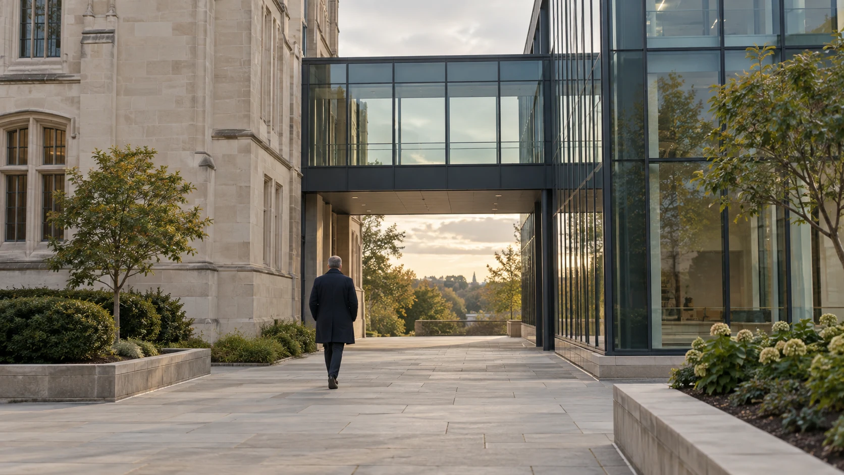 Editorial illustration of a person walking beneath a glass link between a limestone institutional building and a modern glass wing.